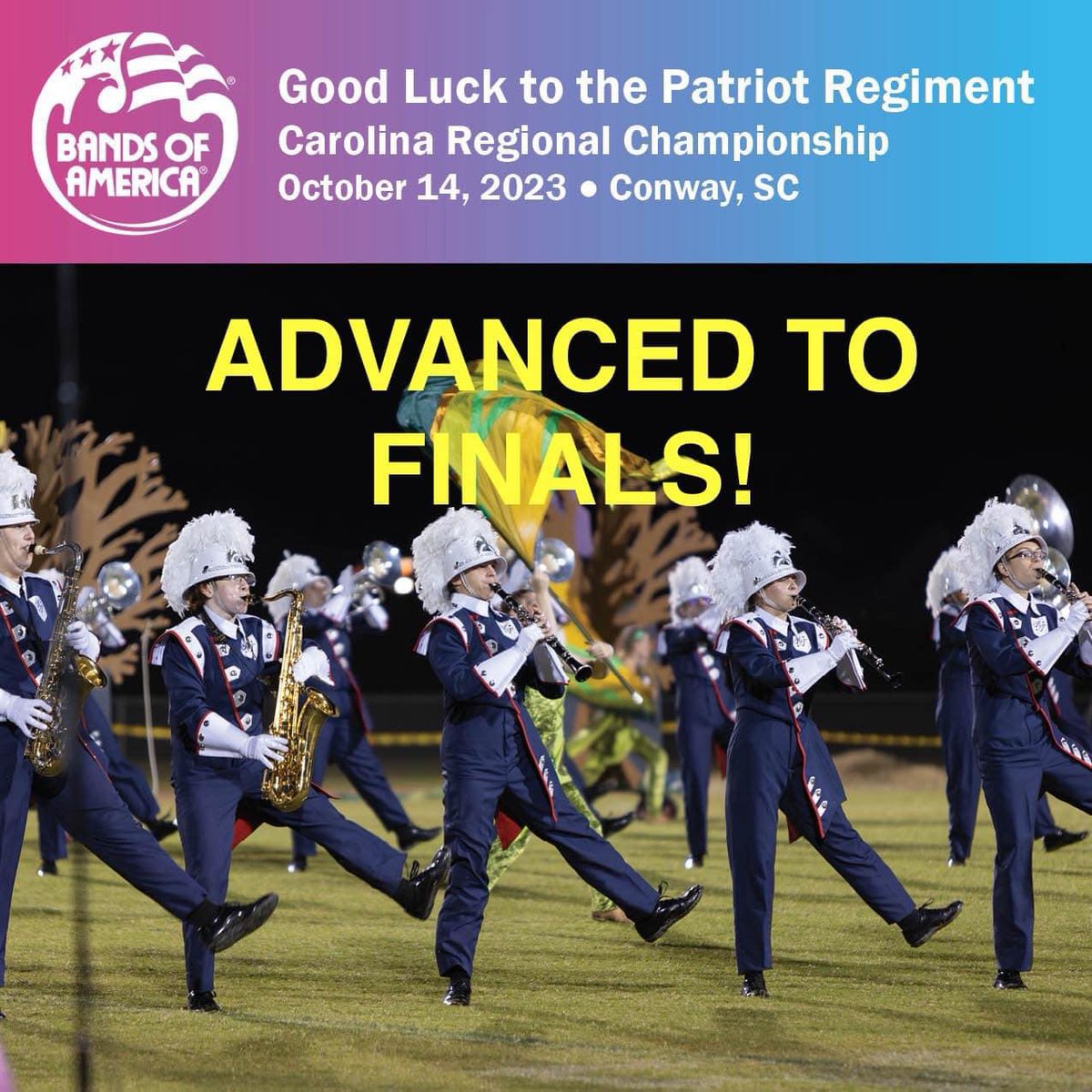 catshoward's tweet photo. Congratulations Patriot Regiment for advancing to finals in the top 12! 

Next performance time 7:45 pm
@_BPittman @AFHSannounce https://t.co/3XdqkXQFOK