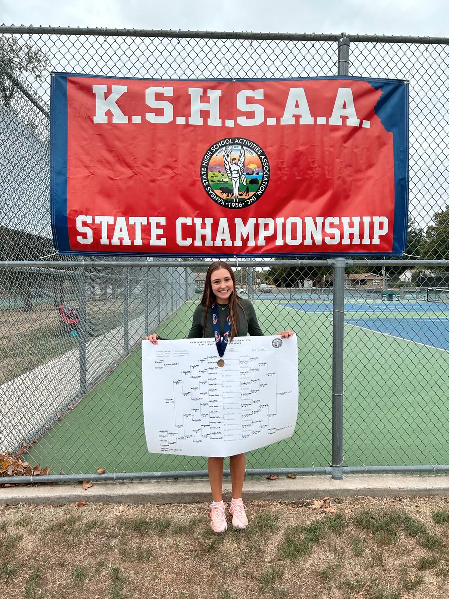Elyssa Frieze of Chapman finishes her senior year as the 2023 4A State Champion🎾. She won the championship match 6-3, 6-0. Also a two time 3200 state champion in track. #sportsinkansas