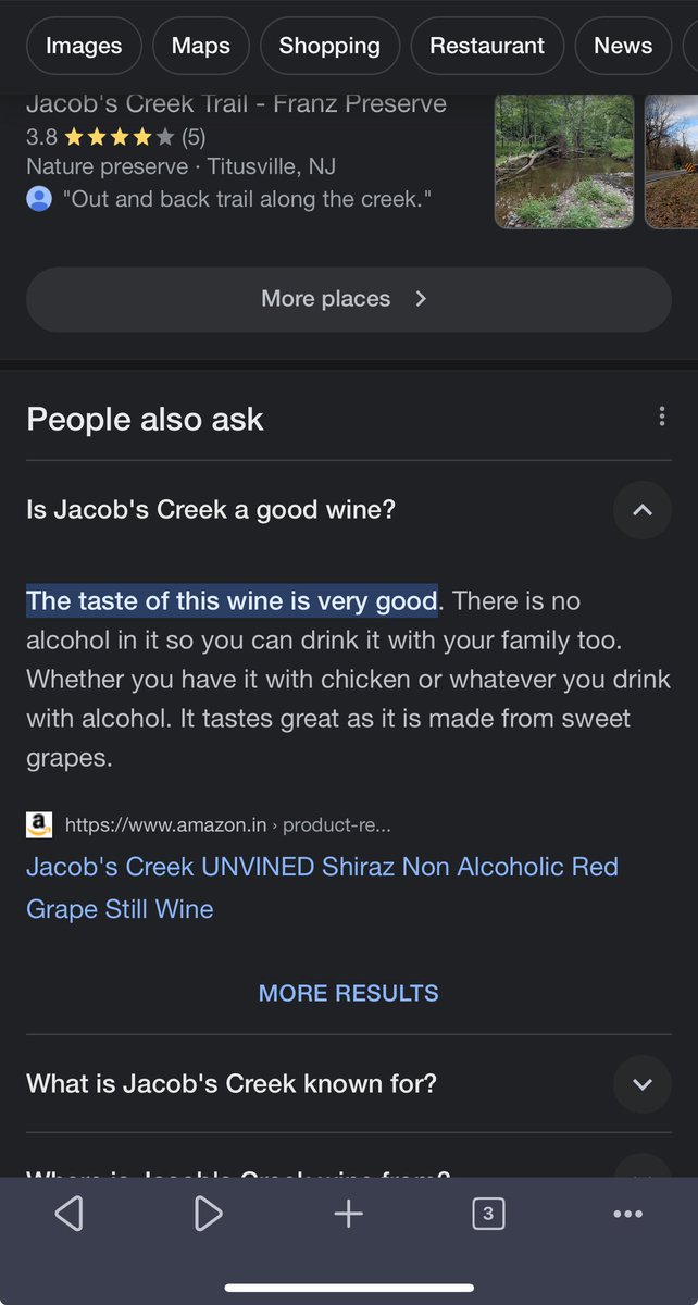 Scary “People who ask” response from Google saying that a search for “Jacob Creek” wine is non-alcoholic and safe to share with the family.