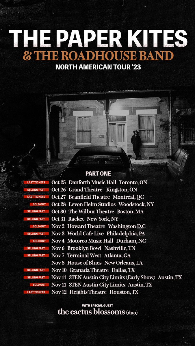 Hitting the road next week with the Roadhouse band - playing these cities, tickets from thepaperkites.com.au/tour