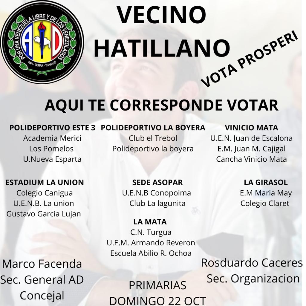 CacoFacenda's tweet photo. Vecinos de El Hatillo

Les invito a participar el próximo domingo #22Oct en las #Primarias2023 y unidos rescatemos la democracia y libertad de Venezuela.

Con @ADemocratica y @prospericarlos volveremos a vivir mejor

#ProsperidADparaVenezuela
#ElHatilloEnAcción
#VotaProsperi https://t.co/yPvHAY8Nif