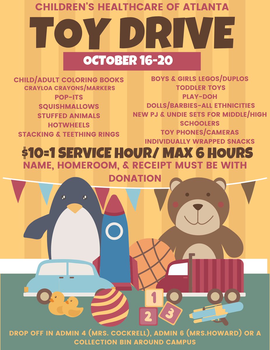 Help CHOA Atlanta with a toy drive and earn community service hours - begins October 16th! #GoBucs #AnchoredInExcellence #BucNation <a href="/cobbschools/">Cobb County Schools</a>