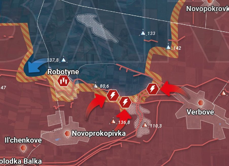 YourmediaAgency's tweet image. #Ukraine #Robotyne #Verbove RussArmee hat in den letzten 48 Stunden die UkraArmee im Bereich Robotyne/Verbove weiter zurück gedrängt (RybarF). Robotyne befindet sich wieder in der GrauZone. UkraBedrohung für Verbove wurde beseitigt.