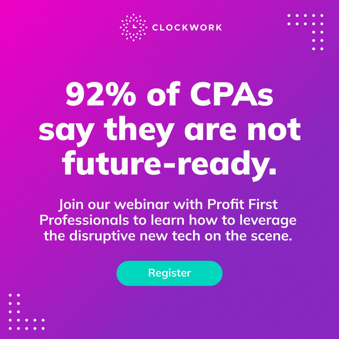 Join our webinar with Profit First Professionals to secure your spot among the CPA firms that not only make it through the tech storm underway, but thrive in it. Book your seat: bit.ly/46hFEs5

#profitfirstprofessionals #futureoffinance #fintechinsights2023