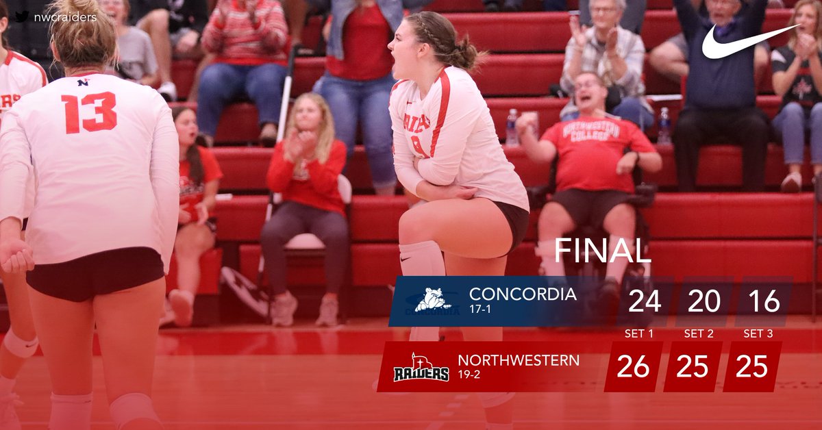 NWC Red Raiders (@nwcraiders) on Twitter photo VB | πΏπππ ππππ ππ. 1οΈβ£ βΌοΈ
Northwestern ππππππ top-ranked Concordia, handing them their first loss of the season!
π
ππ―π‘ππ£ πΏπ ππππ£ with a match-high 13 kills, ππ‘ππ«ππ ππ§ππ£π¨π©π§π with a match-high 23 digs!
#RaidersStandOut | <a href="/NWCVolleyball/">NWC Volleyball</a> VB | πΏπππ ππππ ππ. 1οΈβ£ βΌοΈ
Northwestern ππππππ top-ranked Concordia, handing them their first loss of the season!
π
ππ―π‘ππ£ πΏπ ππππ£ with a match-high 13 kills, ππ‘ππ«ππ ππ§ππ£π¨π©π§π with a match-high 23 digs!
#RaidersStandOut | <a href="/NWCVolleyball/">NWC Volleyball</a>