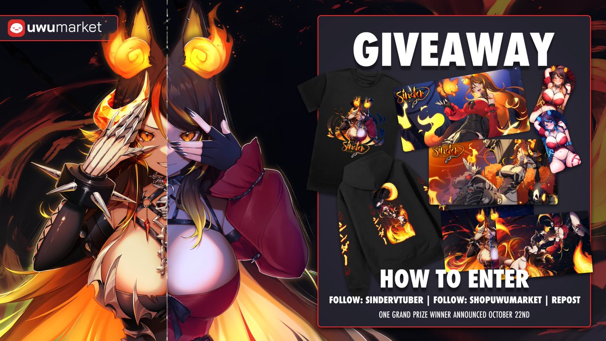 🔥 HUGE MERCH GIVEAWAY 🔥 @shopuwumarket is giving one lucky winner a BUNCH of my new merch, PLUS their choice of one of my discontinued XL booba mousepads!! 🧡 Repost this and follow both me and UwU Market to enter! Winner will be announced October 22nd!!