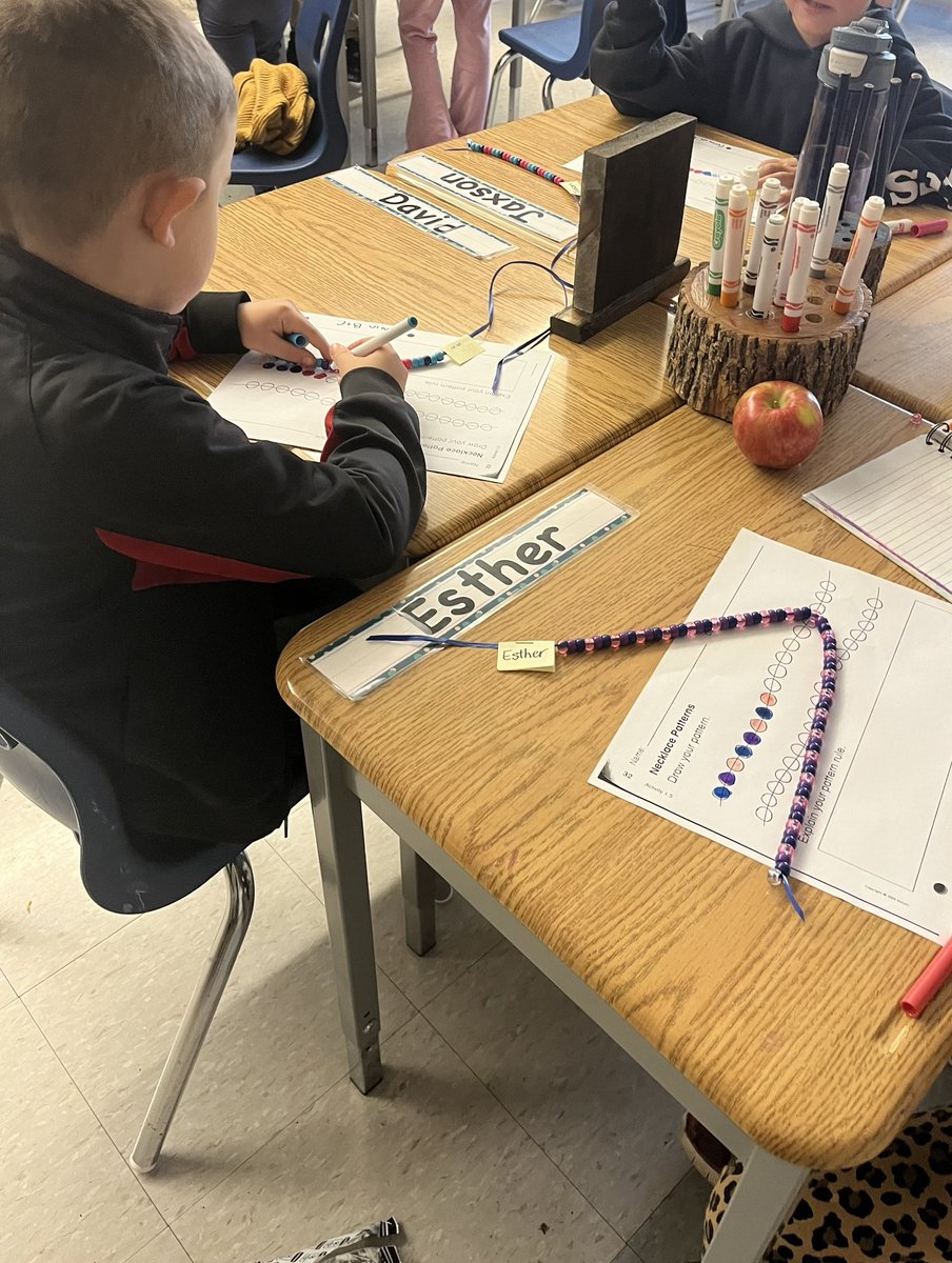 HeatherBrush15's tweet photo. Making assessment fun! Students were engaged in their assessment on patterning. Each student made a bead pattern, presented it to the class and answered some questions about their pattern. Patterns are now displayed in our classroom @HWDSBmath https://t.co/HNk56GGl6r