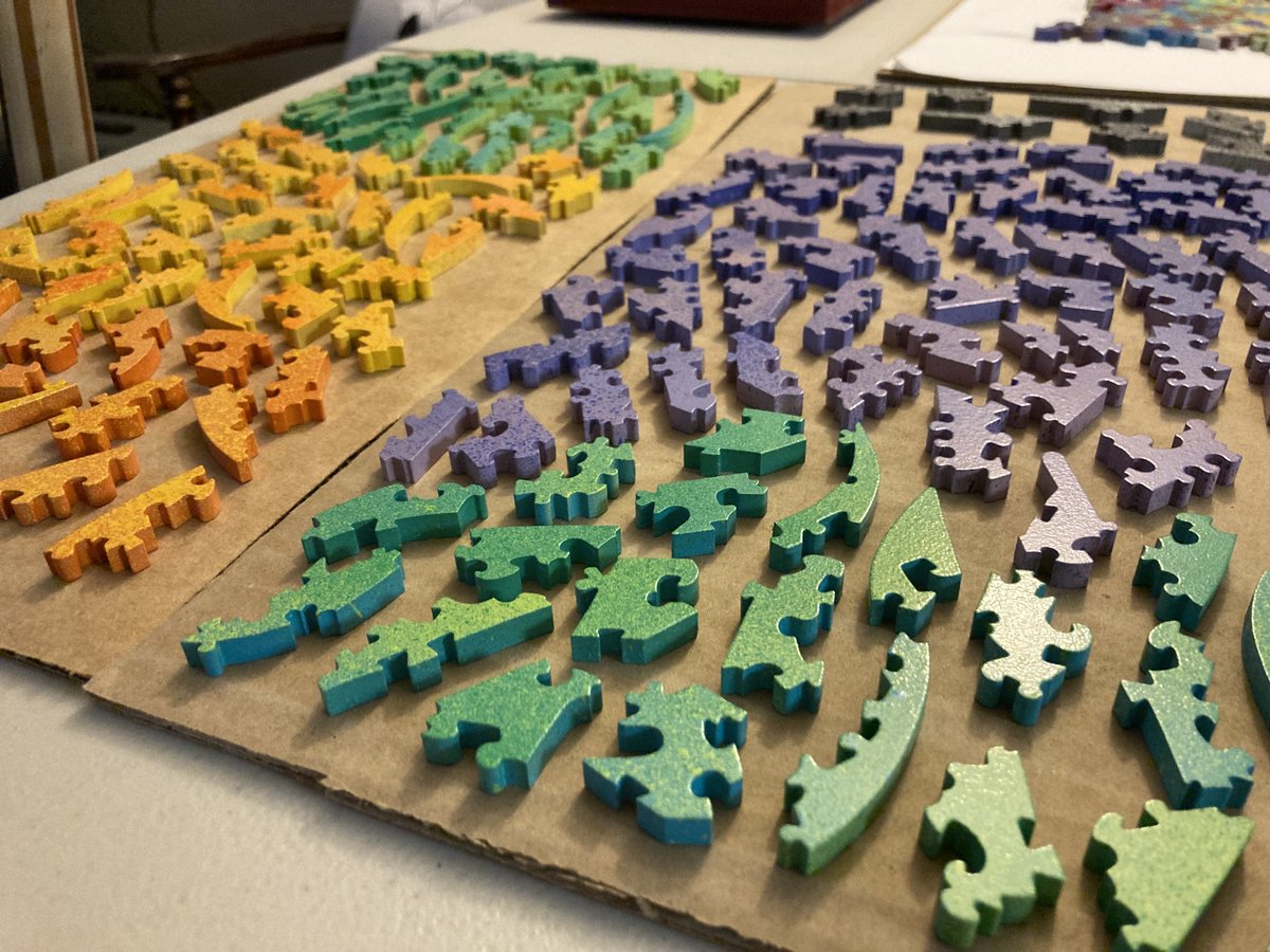 Some of today’s puzzle pieces, fresh out of the painting zone