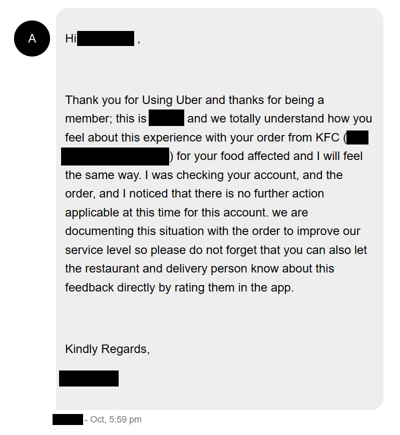 AShallowLake's tweet photo. @Uber_Support @Uber_Support I don't know how this is an appropriate reply to the above issue, when nothing has been done to rectify it. How is the customer at fault or orders not being correct, or items missing? https://t.co/XtWwx42RJ7