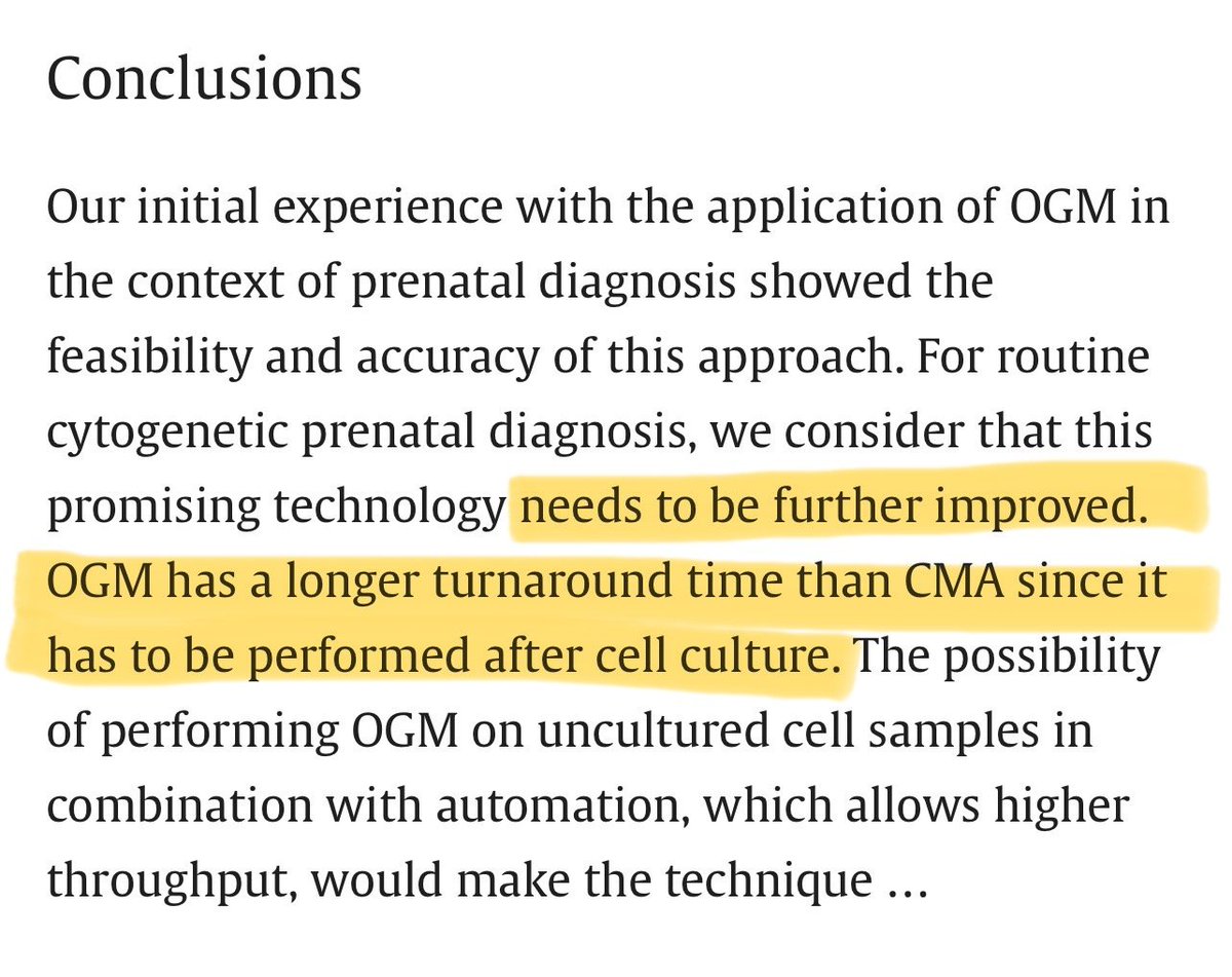 JRHarrisTech's tweet image. $BNGO employee just posted a publication on OGM, which isn&apos;t favorable. In this study, 8% of the 37 prenatal samples were unable to be analyzed by OGM and authors state &quot;OGM needs to be further improved&quot; for prenatal diagnosis. OGM requires long cell culture, not needed by CMA.👇