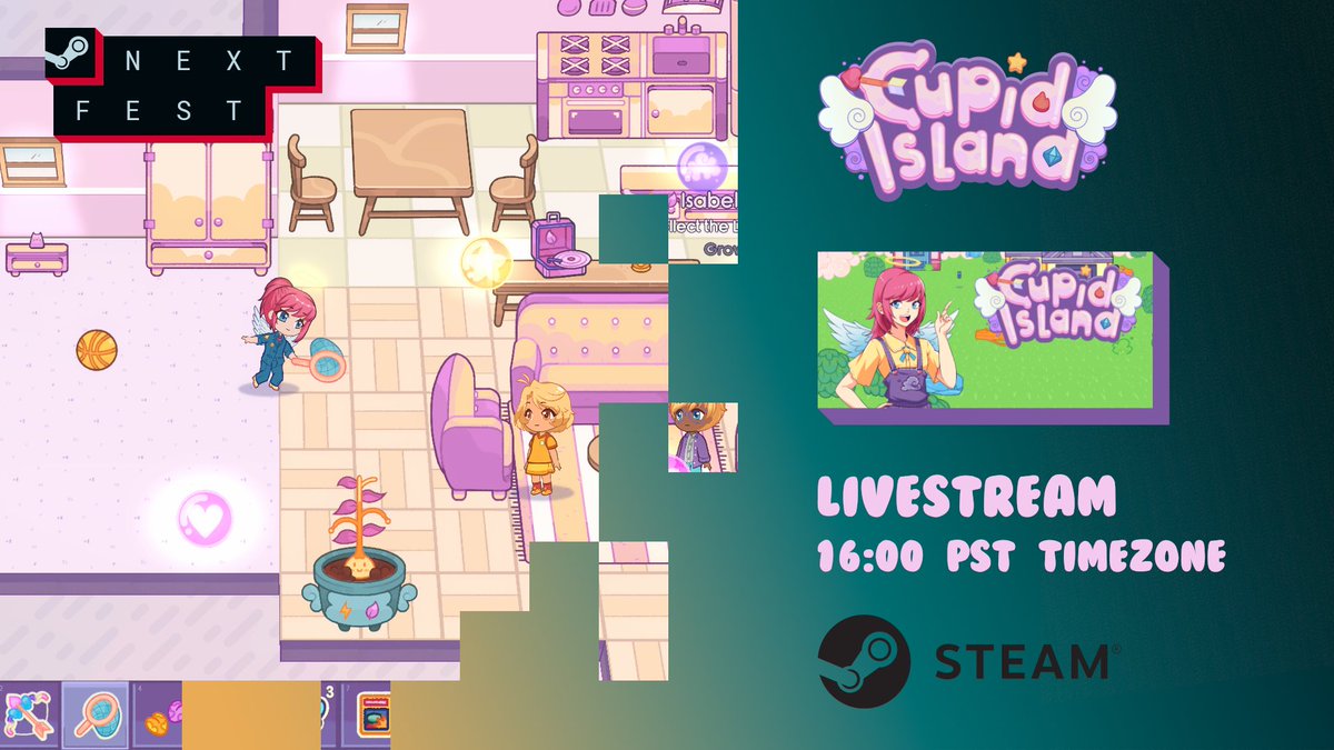 Hey everyone!
We're doing a livestream on <a href="/Steam/">Steam</a> during this Next Fest with our lovely host <a href="/sSakanaSushi/">sSakana Sushi 🐟🍣</a>! 💘
Come hang out with us and see the game in action!

bit.ly/wishlist-cupid…

(🇧🇷For brazilians is at 8PM)
#indiegame #unity3d #indie #cozygames