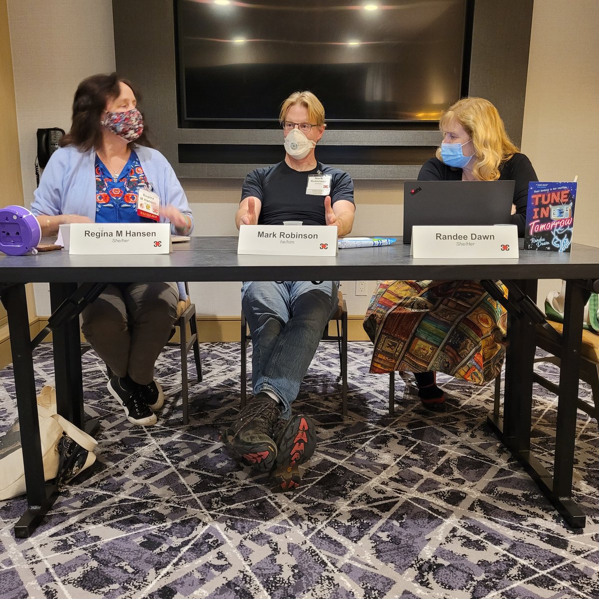 JFGarrard's tweet photo. "Angsty Daddies" panel discussing evolving roles of #fathers, trope of the blunt-but-gold-hearted father & acceptance of #lbtgq parental roles. @CanConSF @randeedawn #markrobinson @ReginaMHansen #ottawa #writing #writinglife #writingconvention @SheratonOttawa https://t.co/gPiEiOlxgR