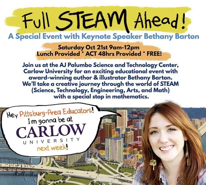 #Pittsburg Area Educators! 🗣️My friend will be coming to Carlow University next week to discuss her creative approach to the world of #STEAM through her series of award-winning children’s books! Be sure to check out this event! #TeacherTwitter #AcademicCommunity
