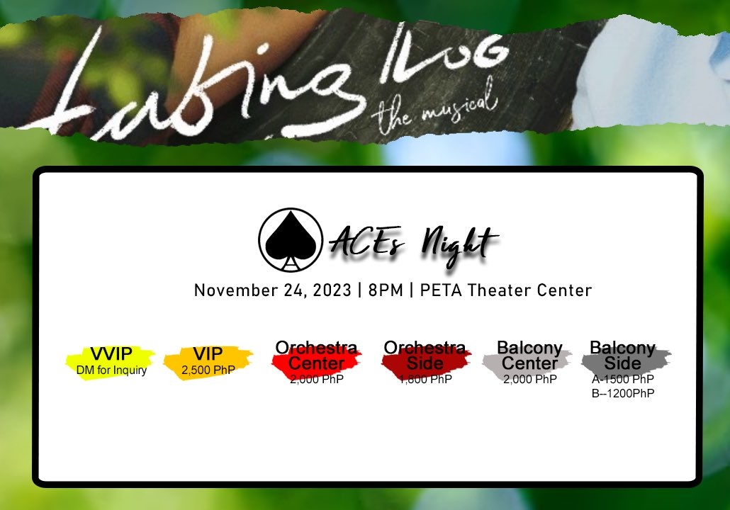 Tara’t samahan ang buong barkada!

Tickets for Tabing Ilog: The Musical's 'ACEs NIGHT' are now available! This endeavor intends to show support for JL, Akira, and the rest of the musical's team.

Sama sama tayo ACEs.

BGYO ROCKZZ ASAP
#BGYO <a href="/bgyo_ph/">BGYO_PH</a>