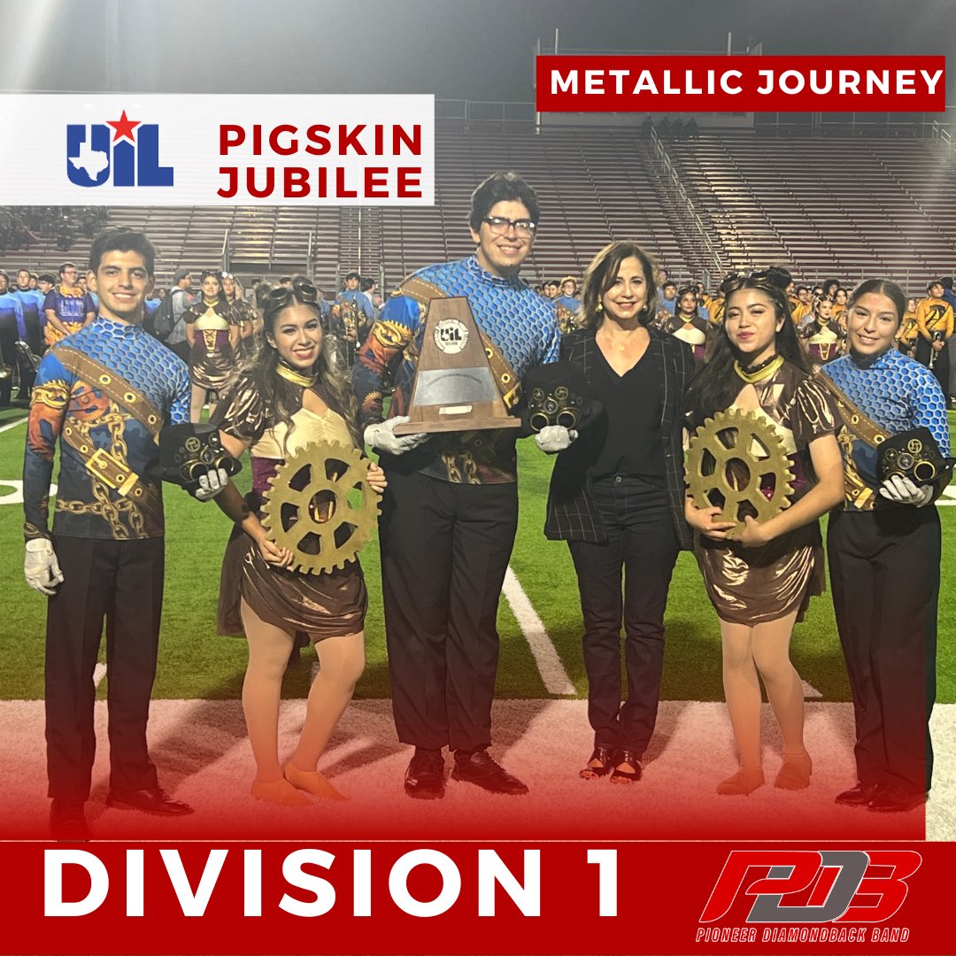 Congratulations to The Pioneer Diamondback Band
on earning a Div. 1 Rating and getting straight “1’s” from all three judges. Pioneer HS Band has earned a spot to the 5A Area G Marching Contest in La Joya ISD Stadium on Sat. , Oct. 28. 

Great work PDB!!! ⚙️⛓️

#PDB
#PioneerPride