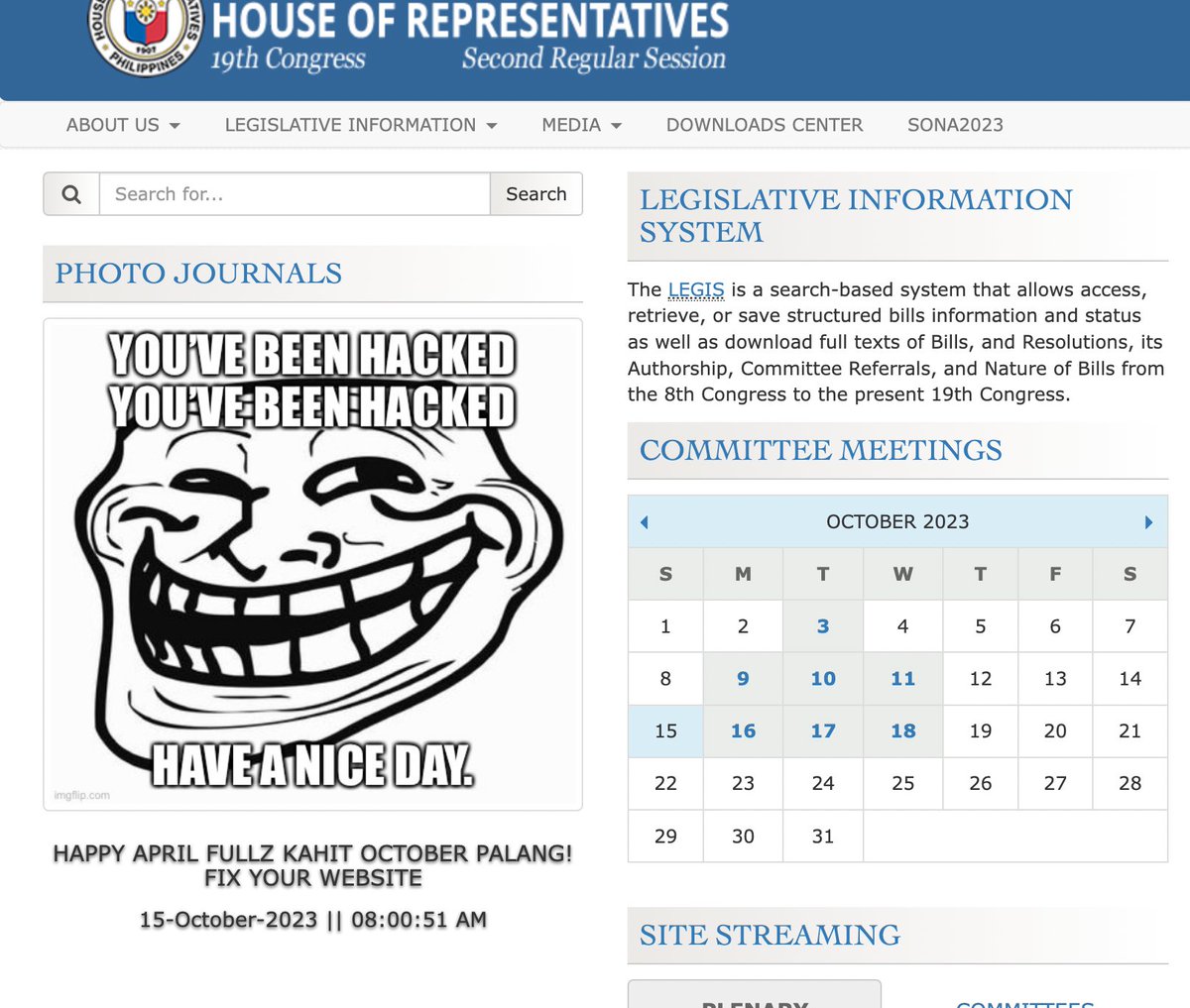 newswatchplusph's tweet photo. JUST IN: The website of the House of Representatives has been hacked, with anonymous user “3musketeerz” claiming responsibility. Its front page showed a troll face meme, while the schedule of committee meetings was altered. | @fywragasa 

Story soon on https://t.co/aKKwOvZ60i https://t.co/IbyFVqvaAJ