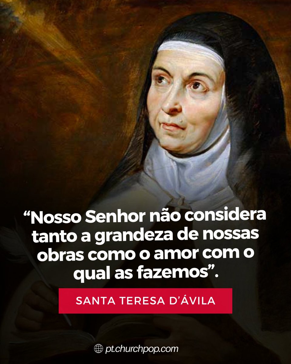 churchpop_pt's tweet photo. “Nosso Senhor não considera tanto a grandeza de nossas obras como o amor com o qual as fazemos”. (Santa Teresa D’Ávila)
#ChurchPOP #Santo #Deus #Jesus #Católico #Oração #IgrejaCatólica #Santidade #Cristo https://t.co/MH193WMeME