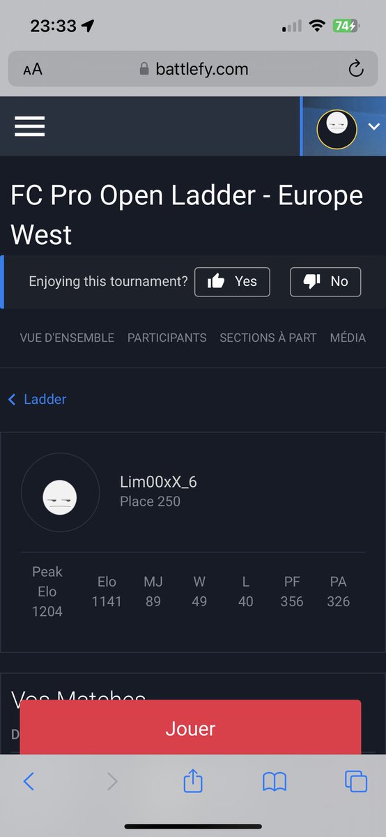 Top 250
J’ai terminé par jouer du tam-tam sur le bureau 1 match sur 2
Rdv le week-end pro