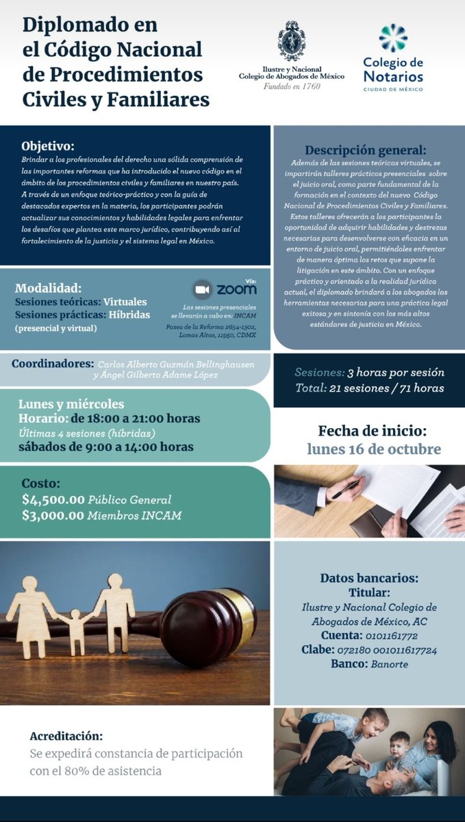 INCAM_Abogados's tweet photo. @INCAM_Abogados y el @colegionotarios te invitan a inscribirte al Diplomado en el Código Nacional de Procedimientos Civiles y Familiares.
🗓️inicia 16 deoctubre
📹sesiones teóricas virtuales y prácticas híbridas
📧inscripciones: colegiodeabogados@incam.org
@cgbellinghausen https://t.co/VOtsrTZQuv