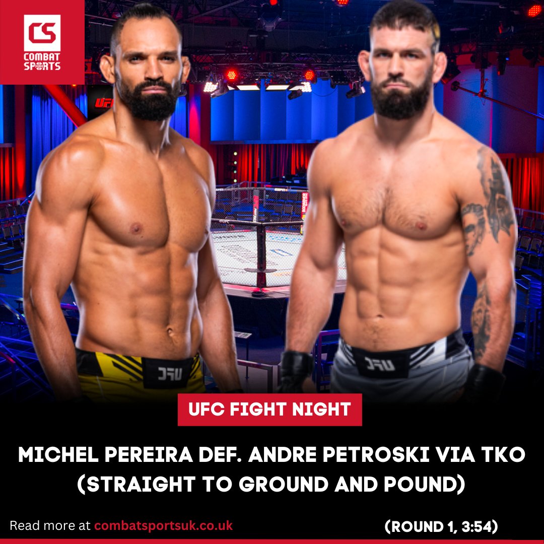 Wow! Michel Pereira makes quick work of Andre Petroski by TKO'ing him in the first round. Welcome to Middleweight! 🔥

🔗 combatsportsuk.co.uk/ufc-fight-nigh…