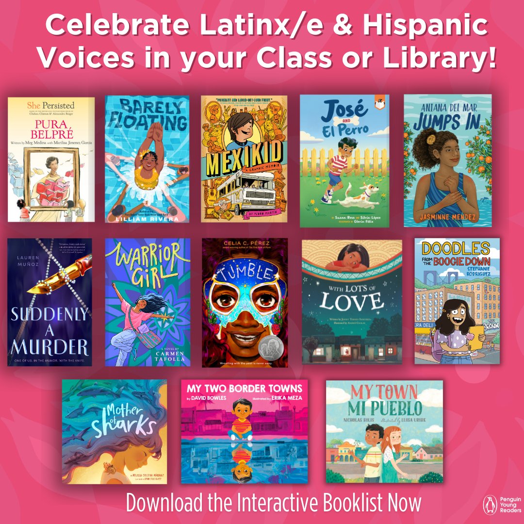 #HispanicHeritageMonth is ending but these Latinx/e & Hispanic voices should be should shared year round in your class/library! Download the interactive booklist to discover books by @DavidOBowles @Meg_Medina @jetchez @renmunozbooks @CeliaCPerez & more! 📚penguinschoollibrary.com/PYRLatinxVoices