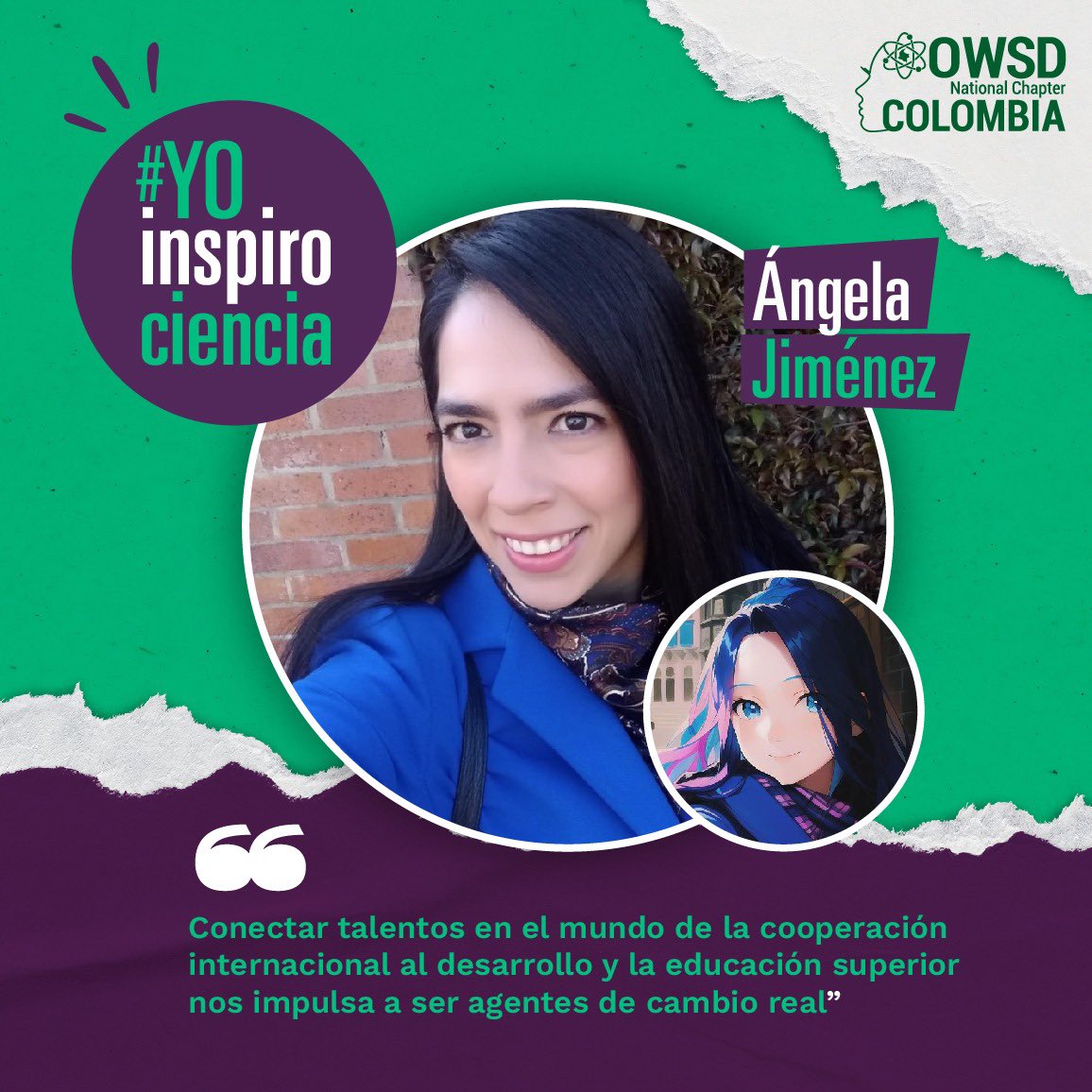 Ella es Angela Jimenez (<a href="/angelapa50/">Angela Jiménez</a>), de la #OWSD Colombia. Areas de interés: Internacionalización de la Ed. Superior, Emprendimiento Social, Cooperación Internacional al Desarrollo, liderazgo, emprendimiento social, innovación social. Felicitaciones! ¿cómo tú #inspiras #ciencia?