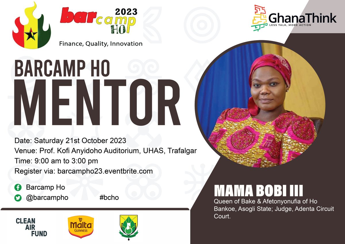 BarCampHo's tweet photo. Join us at #BarcampHo on October 21 at the Prof Kofi Anyidoho Auditorium, UHAS-Trafalgar, #HoCity for learning, sharing, networking &amp; mentoring.
Register https://t.co/ODHobDLgFt

#bcho mentor: Mama Bobi III - Queen of Bake &amp; #Afetonyonufia of #HoBankoe, #AsogliState | Judge https://t.co/CE6oJvLxFp