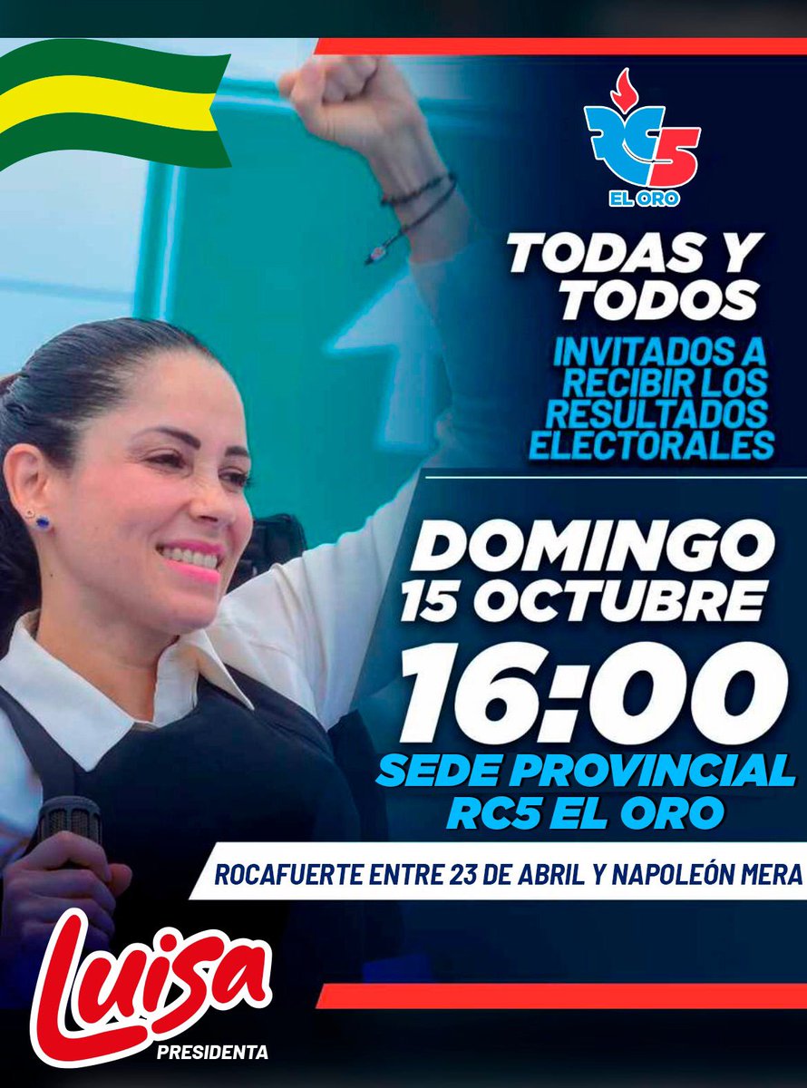 MachalaRc5's tweet photo. Invitamos a toda la militancia y simpatizantes a la concentración que realizaremos este día Domingo 15 de Octubre a partir de las 16h00 en la sede provincial de RC5 EL ORO, donde recibiremos los resultados de las elecciones presidenciales 2023. Los esperamos! https://t.co/xuNBfM7MjD