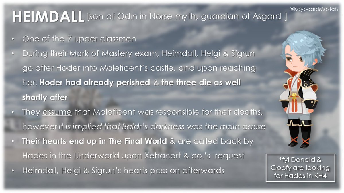 KeyboardMastah's tweet photo. Part 4 out of 5: Hoder, Heimdall, Helgi &amp; Sigrun

Quick note on Helgi- I believe the KH version references specifically Helgi Hundingsbane who was the lover of Sigrun the Valkyrie in Norse mythology
#KINGDOMHEARTS #KHDR https://t.co/qk0s61CeRD