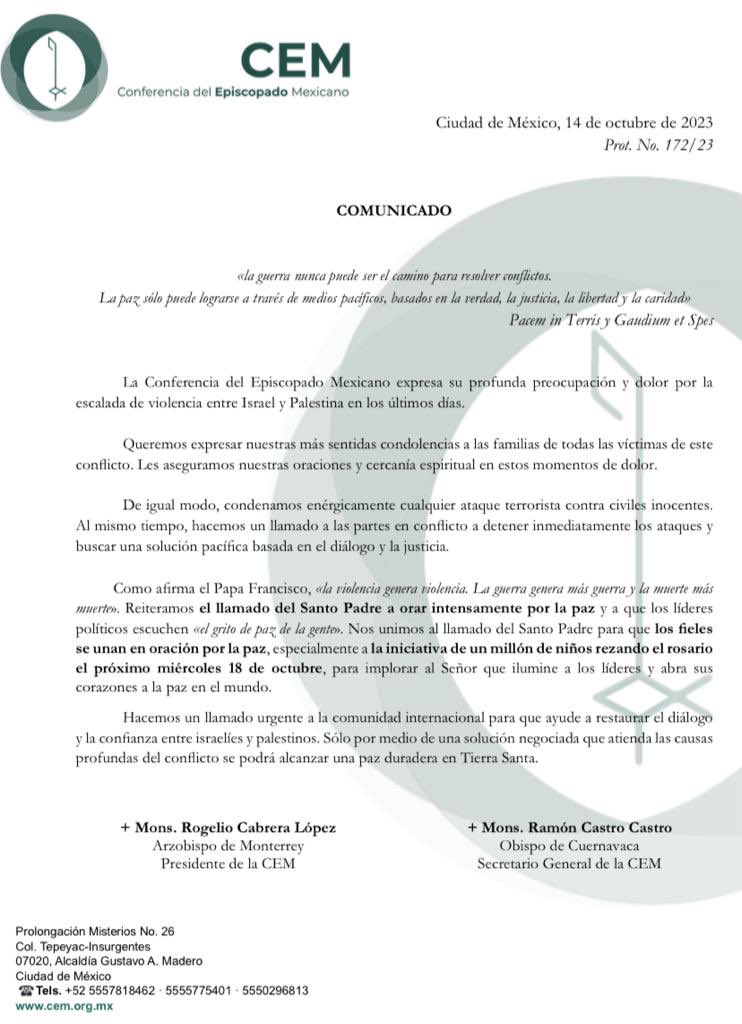 Comunicado de <a href="/IglesiaMexico/">CEM</a> expresando su profunda preocupación y dolor por la violencia entre #Israel y #Palestina, sumándose al llamado del Santo Padre en oración, rezando el #rosario el próximo miércoles 18 de octubre, por la paz en el mundo. <a href="/SIGNIS_ALC/">SIGNIS_ALC</a>  #CulturaDePaz