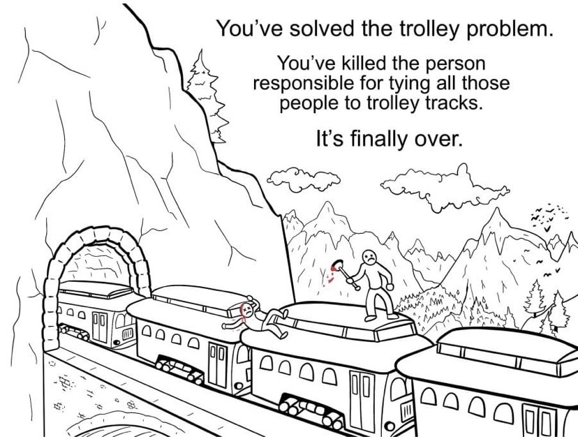 Thinkwert's tweet image. so …
    you killed one person…
        in order to save the lives of many. 

brother, you didn’t “solve” it 

YOU’RE STILL IN IT