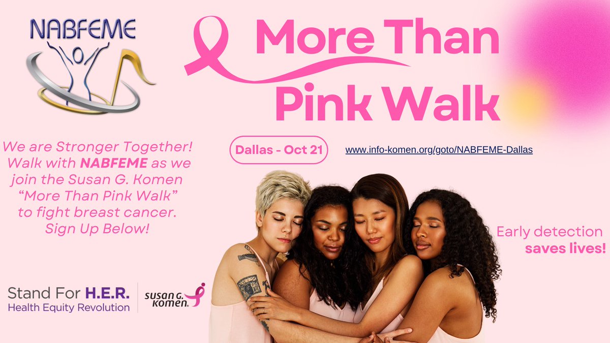 Will you walk with us? We're <a href="/NABFEME/">NABFEME Official</a> the National Assn of Black Female Execs in Music &amp; Entertainment and we're pounding the pavement in the <a href="/SusanGKomen/">Susan G. Komen</a>  "More Than Pink Walk" Sat, Oct 21st in Dallas.  Register &amp; get details here: info-komen.org/goto/NABFEME-D…