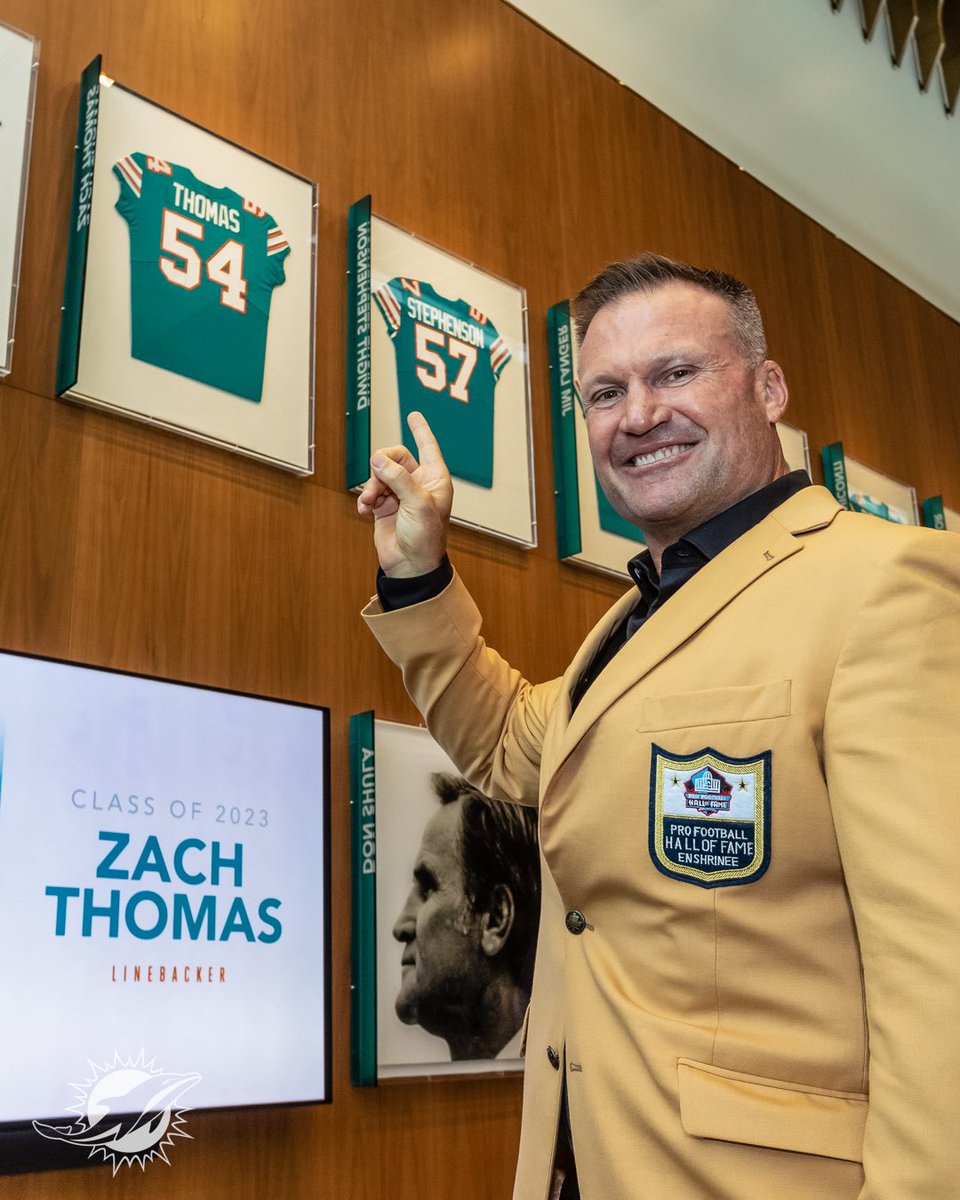 Legendary 🙌 We unveiled Zach Thomas’ jersey at the @BaptistHealthSF Training Complex ahead of his @ProFootballHOF ring presentation tomorrow.