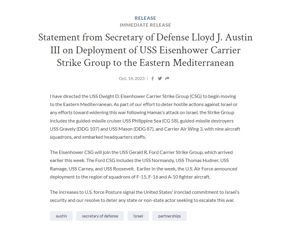 CENTCOM's tweet photo. Secretary of Defense Lloyd J. Austin III has directed the  USS Eisenhower Carrier Strike Group join the USS Ford Carrier Strike Group which arrived earlier this week https://t.co/9be1sWBKA7 https://t.co/TdrfrHMXly