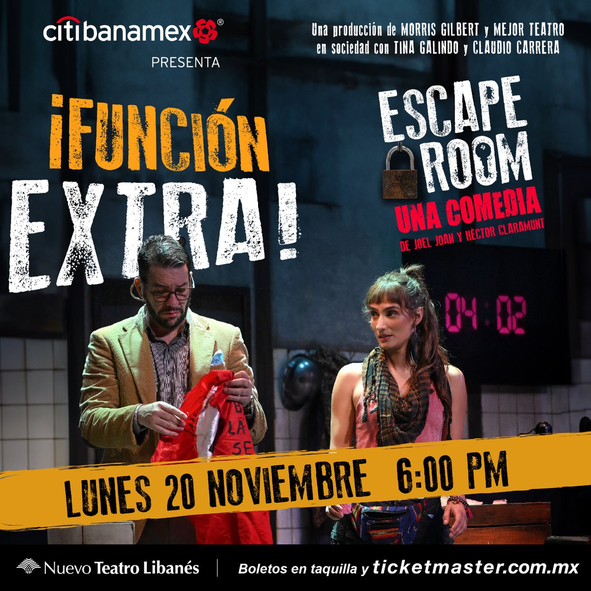 ¡ATENCIÓN! ¡Para celebrar el próximo día de puente hay función extra de #EscapeRoom, así que no esperes más y adquiere ya tus boletos antes de que se agoten 🔐!

⭐ ¡EXTRA! Función extra
📍 Nuevo Teatro Libanés
📆 20 de novi. | ⏰ 6:00 p.m.
🎟️ bit.ly/ExtraEscapeRoom