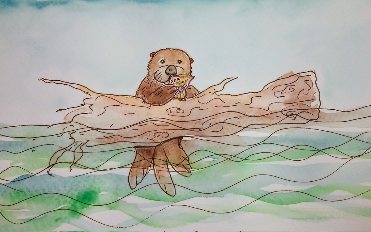 ksneathart's tweet photo. Day 13 & 14 of #Drawtober hosted by Little Island Crafts prompts #Crisp & #tree Little sea otter trying out a new crisp (chip) flavour while resting on a passing fallen tree. 😁🦦💗 #littleislandcrafts #seaotter #crisps #chips #seaurchinflavour #floatingtree #snacktime https://t.co/U45qZwKl3B