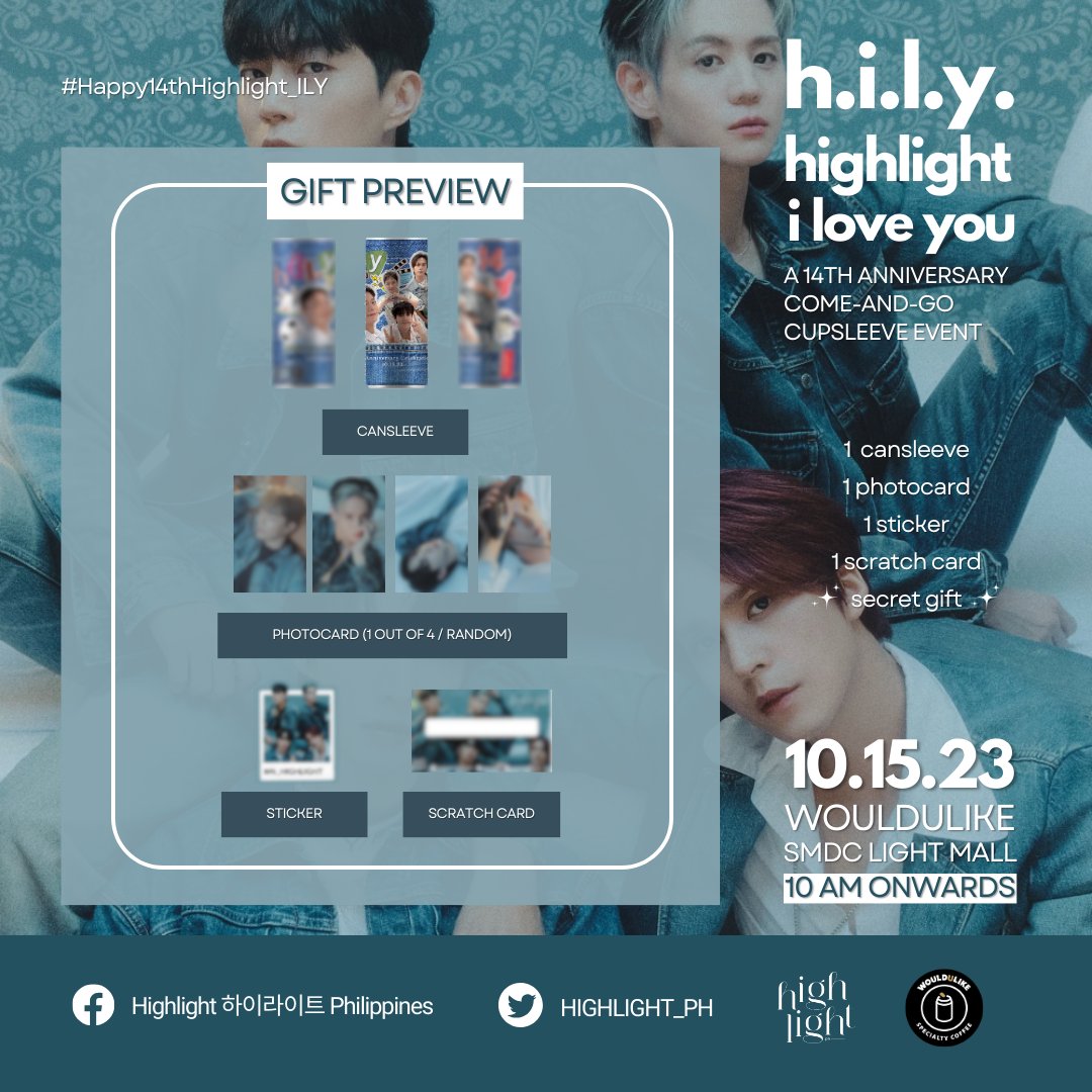 HIGHLIGHT_PH's tweet photo. [EVENT]💡D-DAY💡 
H.I.L.Y: Highlight I Love You 

🗓 October 15, 2023 (Sunday)
⏰ 10am onwards
📍 WouldULike SMDC Light Mall (near MRT Boni) @WouldULikeph

No registration required! 🚫📃 

#Happy14thHighlight_ILY #Highlight | #WULCansleeveevent | #14thAnniversary | #HiLy https://t.co/HCWyS6GSlM