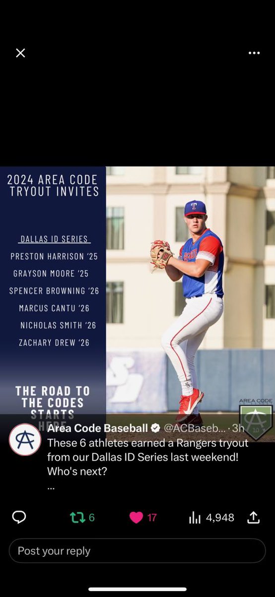 Congrats @Zach_Drew17 on a great showing at the @ACBaseballGames - Dallas ID Series, earning a @Rangers tryout invitation to the Area Code Baseball games!! Way to rep the brand!! 💪🏽💪🏽💪🏽
