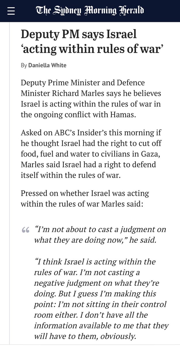 Sophie McNeill (@sophiemcneill) on Twitter photo No <a href="/RichardMarlesMP/">Richard Marles</a> it’s not “within the rules of war” for Israel to cut off water & food to civilians, indiscriminately bomb civilian neighbourhoods, block humanitarian aid, issue mass evacuation orders, use white phosphorus. You don’t fight war crimes with more war crimes #Gaza No <a href="/RichardMarlesMP/">Richard Marles</a> it’s not “within the rules of war” for Israel to cut off water & food to civilians, indiscriminately bomb civilian neighbourhoods, block humanitarian aid, issue mass evacuation orders, use white phosphorus. You don’t fight war crimes with more war crimes #Gaza