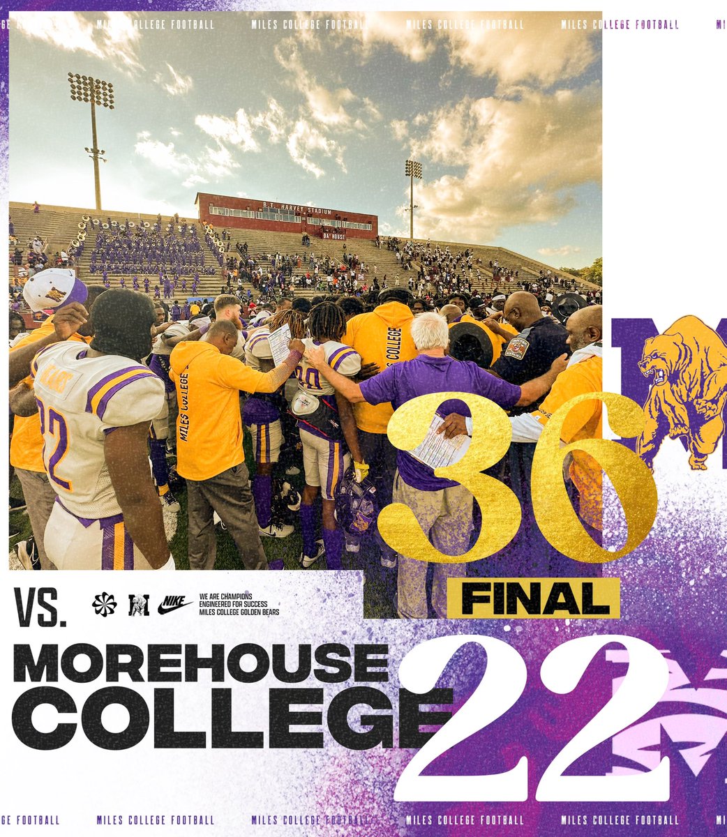MilesCollege's tweet photo. We are headed into homecoming with a W. Make sure you purchase your tickets for homecoming using the HomeTown Fan app and we will see you next Saturday!! Let’s go Golden Bears! 🟣🟡 https://t.co/Hqrr91GJNg