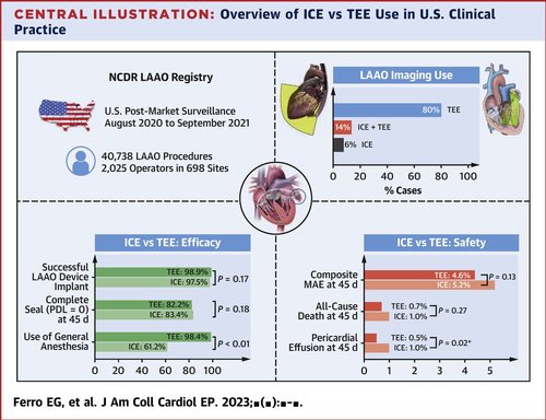 #ICE vs #TEE for watchman implantation #NCDR data 🧊 39K patients at ~ 700 sites 🧊 infrequent ICE use only 5% 🧊82% of operators had performed <10 ICE-guided procedures 🧊 similar procedure time ( 82 minutes with ICE compared to 78 minutes with TEE) 🧊 no GA with ICE…