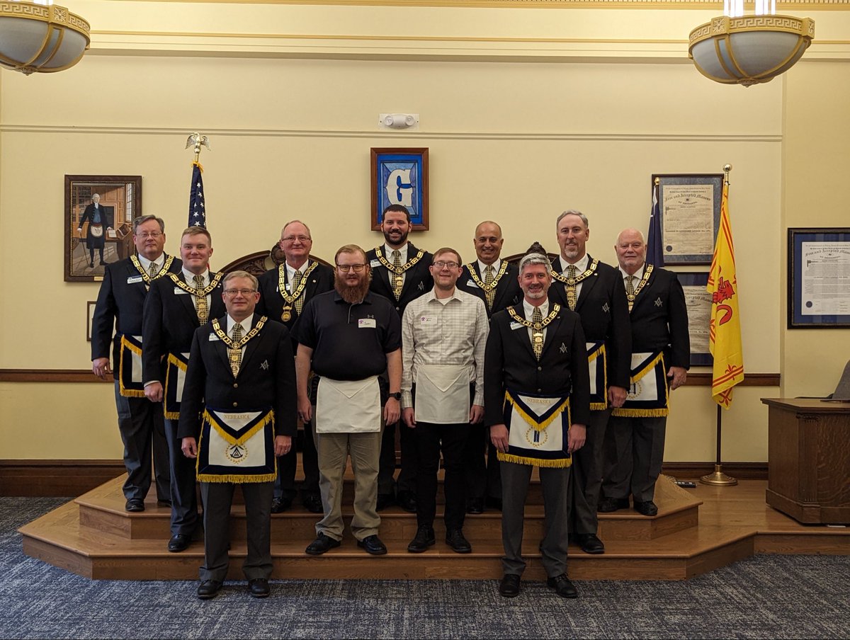 GrandLodgeNE's tweet photo. Several Grand Lodge Officers had the pleasure of conducting a multi-candidate degree today. Fifteen brethren (15!) from Omaha area lodges were passed to the Fellowcraft degree, conferred by RWB John Herbolsheimer. MWB John Millington brought greetings and congratulations. https://t.co/zT94Qn0xRi