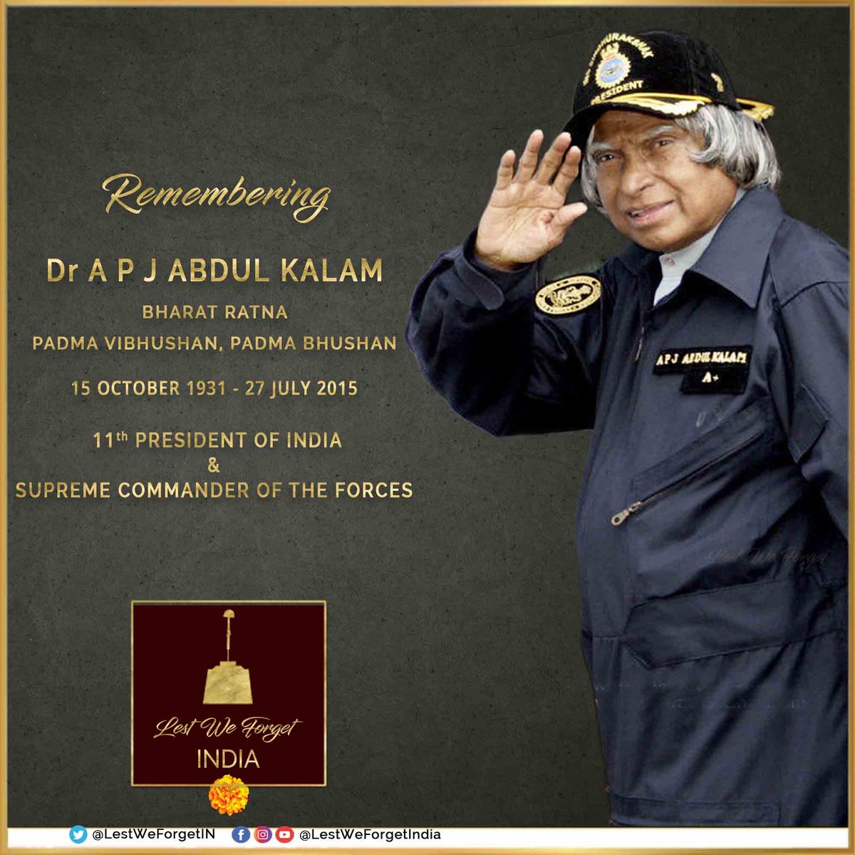 LestWeForgetIN's tweet photo. Tributes to a true visionary & the people's President on his 92nd Birth Anniversary today.

#LestWeForgetIndia🇮🇳 Former President of India Dr A P J Abdul Kalam, #BharatRatna, born #OnThisDay 15 October in 1931 at Rameshwaram, Tamil Nadu

His vision and wisdom live on and continue to inspire us all.

#MissileManOfIndia