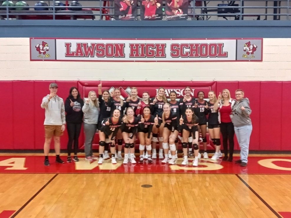 LawsonGoCards's tweet photo. Great day of Volleyball for our Lawson Cardinals! C-team finished their season with 2-0 victory. JV finished their season with 2-1 victory. Varsity Lady Cardinals defeated the East Buchanan Bulldogs 3-2 for the 2023 KCI Conference Championship! #4yearsinarow #LawsonGoCards https://t.co/ujERzq5wqQ