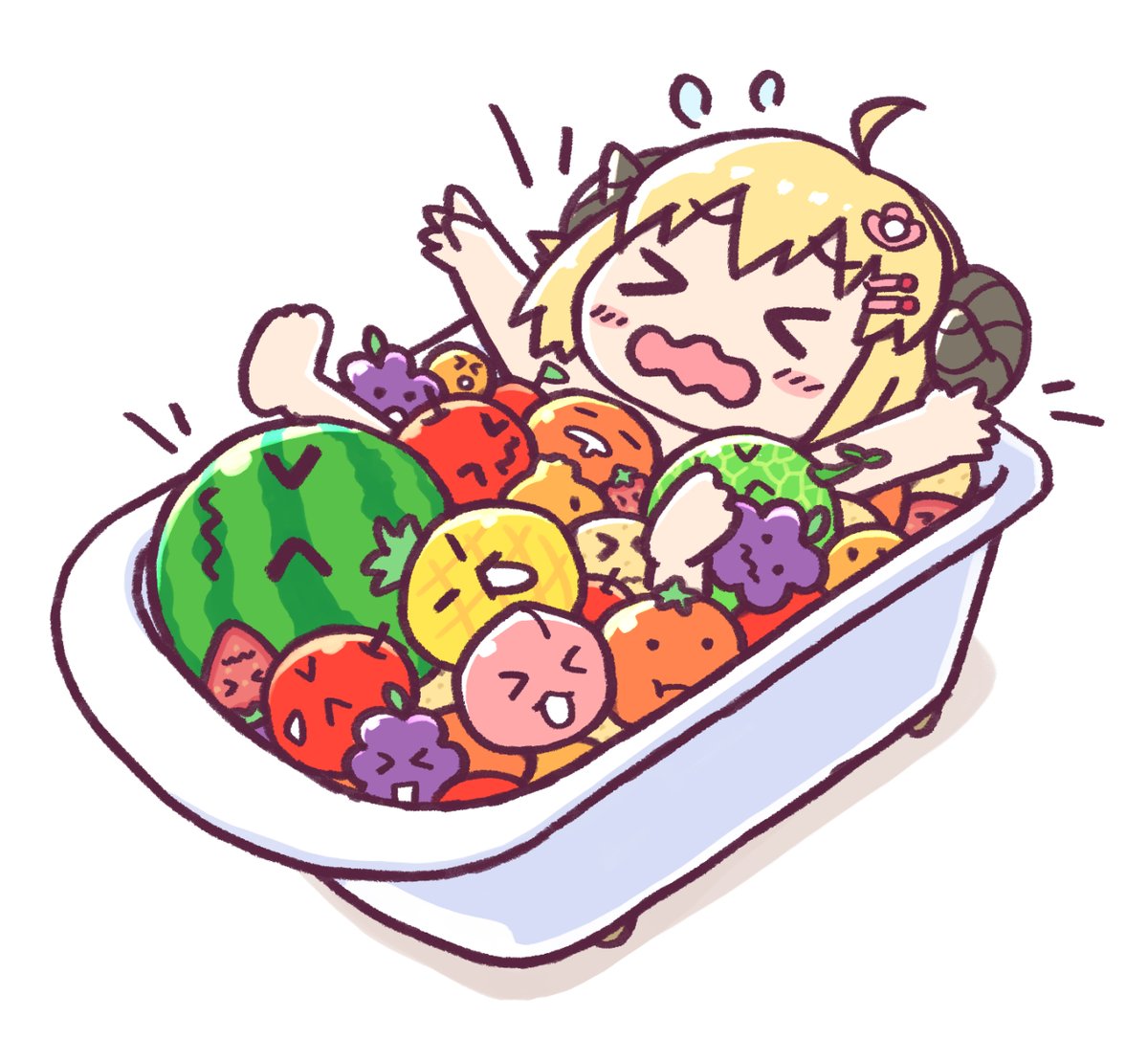tsunomaki watame 1girl fruit food watermelon blonde hair > < horns  illustration images