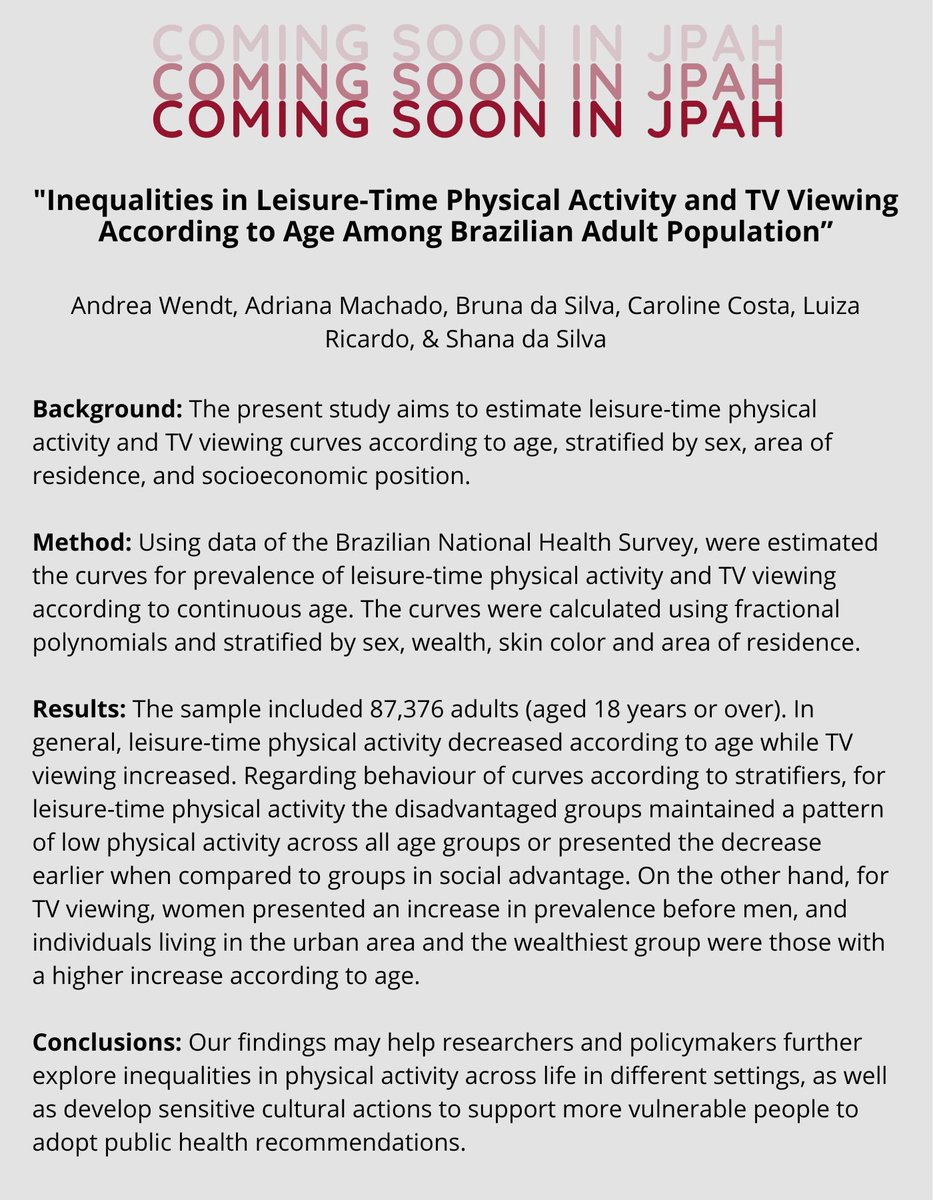 Journal of Physical Activity & Health (@jpahjournal) on Twitter photo 🇧🇷New research from <a href="/a__wendt/">Andrea Wendt</a> and colleagues found #LeisureTime #PhysicalActivity in men presented a rapid decline across years, while it was stable in women. More coming soon! 🇧🇷New research from <a href="/a__wendt/">Andrea Wendt</a> and colleagues found #LeisureTime #PhysicalActivity in men presented a rapid decline across years, while it was stable in women. More coming soon!