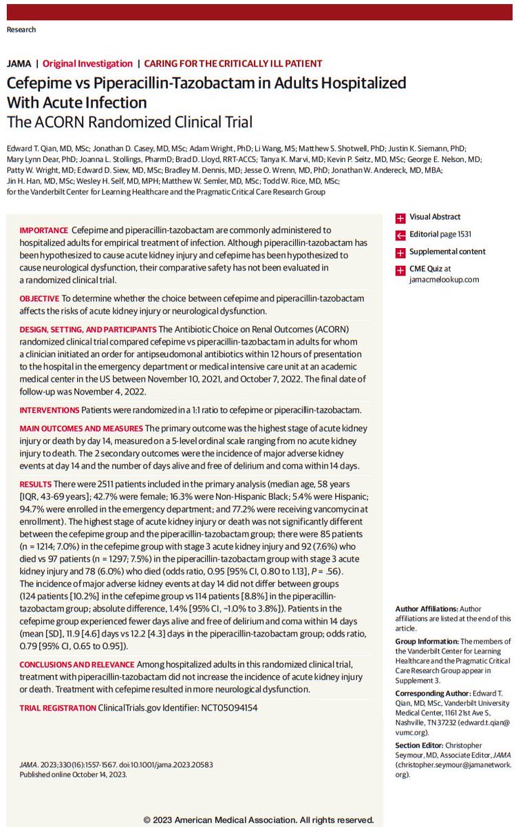 Effect of Cefepime/Enmetazobactam vs Piperacillin/Tazobactam on Clinical Cure and Microbiological Eradication in Patients With Complicated Urinary Tract Infection or Acute Pyelonephritis. A Randomized Clinical Trial ja.ma/3RYQHSD