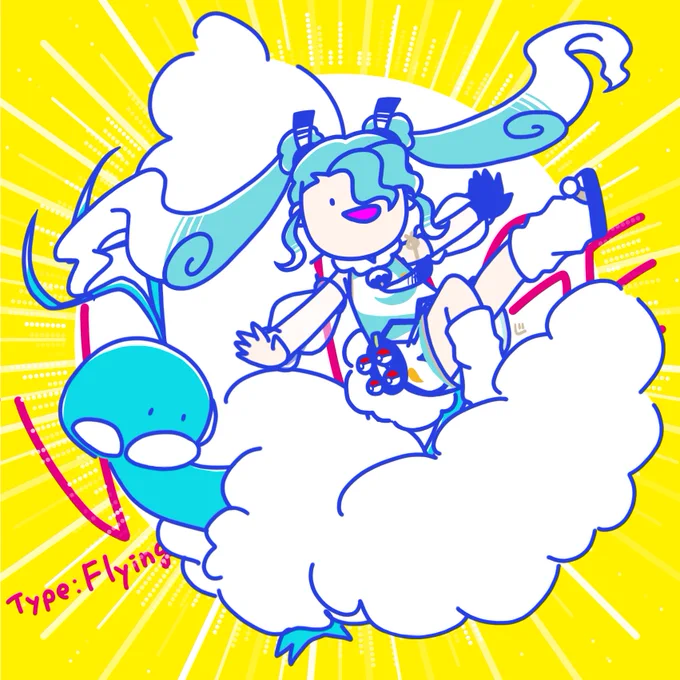 ひこうミクさん!ふわふわ前髪あんまり描いたことなかったので新鮮…チルタリス描くの楽しいね～#ポケミク 