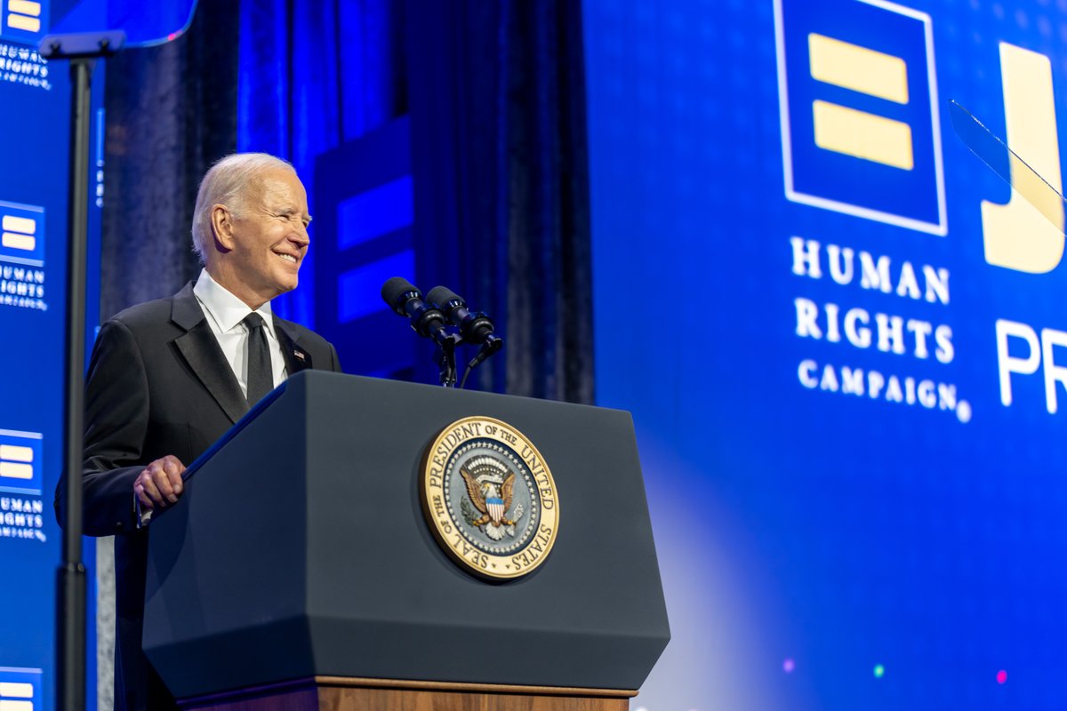Jill and I came to the HRC National Dinner to say thank you for your courage, your hope, and your pride.
 
The Biden-Harris Administration has LGBTQI+ Americans' backs.
 
Together, we'll continue defending and advancing equal human rights across the country and the world.