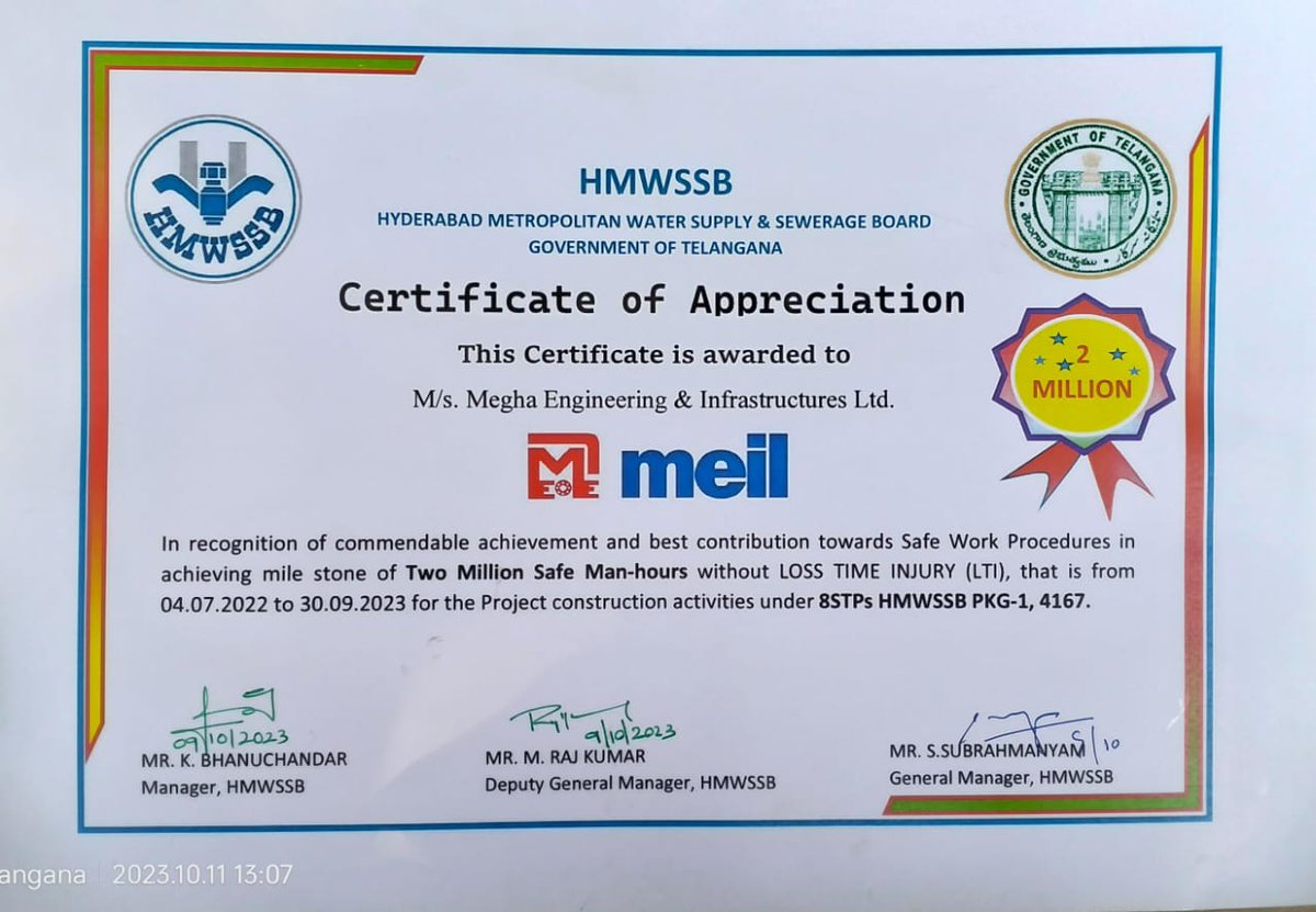 MEIL_Group's tweet image. #MEIL team has achieved 2 Million #SafeManHours in the 8 #STPs project &amp;amp; a #certificate of #appreciation has been awarded by @HMWSSBOnline. Cheers to our teams!
#sewagetreatmentplant #safety #SafetyFirst #achievement #Congratulations #award #Hyderabad